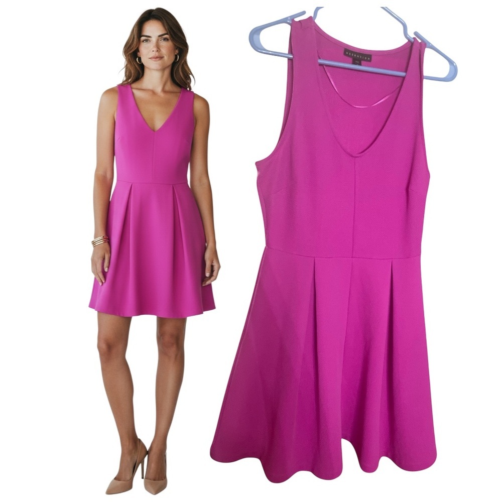 Magenta Pink V-Neck Skater Dress A-Line Pleated Fit & Flare Medium